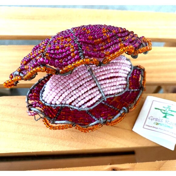 Grass Roots Beaded Handmade Wire Blue-Eyed Crab and Clam Shell with Tag Vintage - Picture 12 of 13